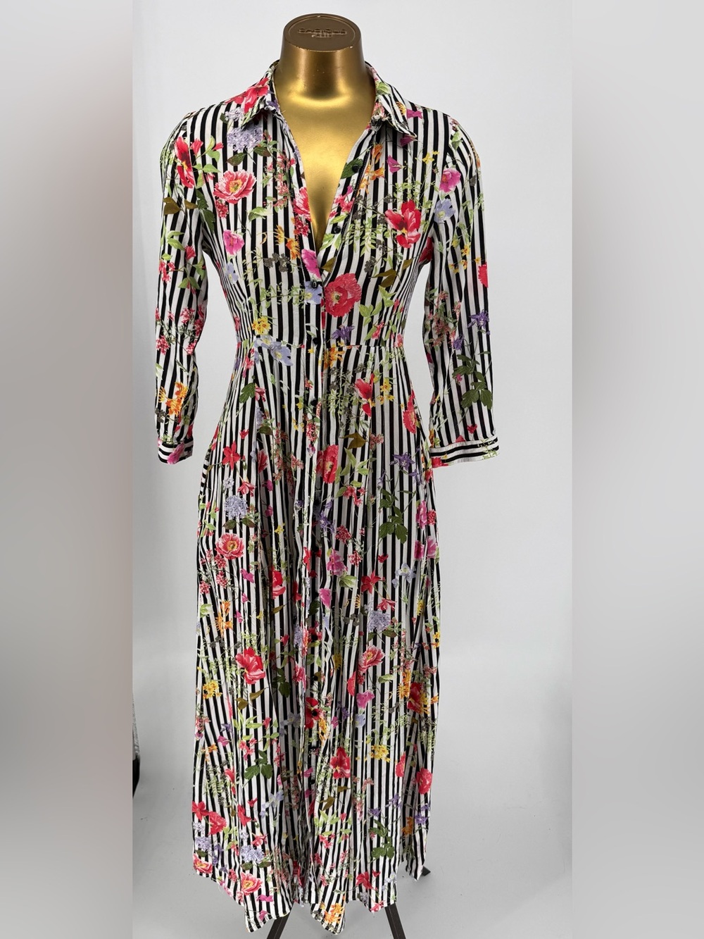 Zara Black & White Striped Maxi Shirt Dress with Pink Floral Print Size Small